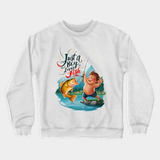 Joyous Boy Reeling in a Big Catch on Tranquil Lake Crewneck Sweatshirt